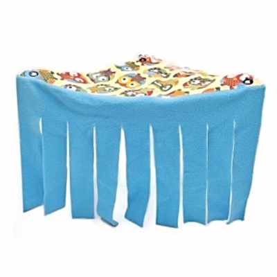 Blue owl fleece guinea pig corner tent hideout clipped to cage panels.