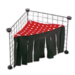 Red and black fleece guinea pig corner tent hideout clipped to cage panels.