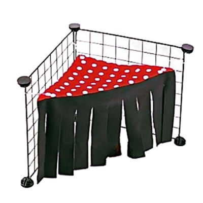 Red and black fleece guinea pig corner tent hideout clipped to cage panels.