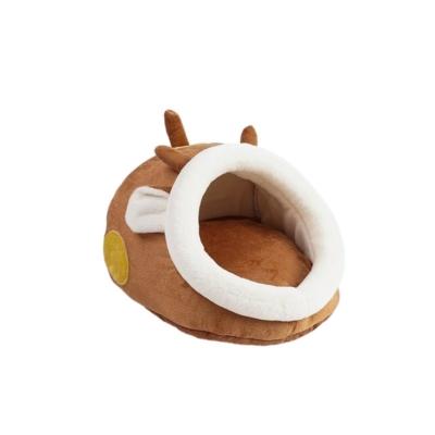 Cartoon deer guinea pig bed, a plush small animal hideout with a rounded entrance and removable cushion.